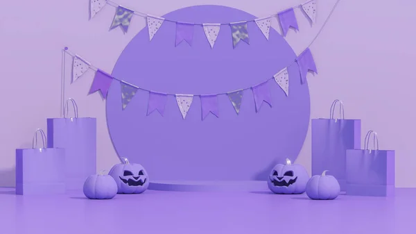 Щасливий Хеллоуїн Фіолетовому Фоні Реалістичний Дизайн Мультиплікаційному Стилі Сценічний Подіум — стокове фото