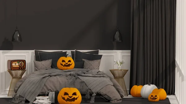 Halloween background in bedroom - decorations with lanterns and jack-o-lantern. Interior decoration for autumn in black pink background. 3D render 3D illustration