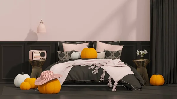 Tło Halloween Sypialni Dekoracje Lampionów Jack Latarni Wystrój Wnętrz Jesień — Zdjęcie stockowe