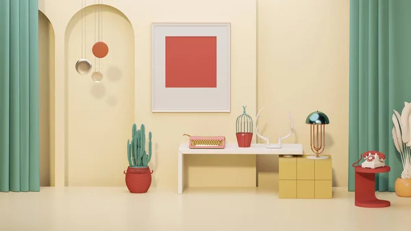 メンフィススタイルのコンセプトインテリアルーム カラフルなリビングルームのインテリアアームチェア アートデコレーション ランプ サンゴの白とベージュのコンクリートフロアのカーペットと黄色の棚 3Dレンダリング — ストック写真
