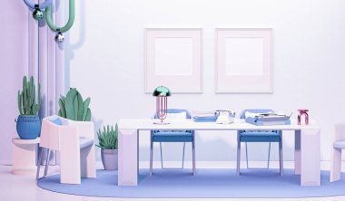 Mor oturma odasının iç tasarımı, Memphis tasarımı konsepti, minimalist tasarım kavramı. Yaratıcı bir fikir. Model yap. 3d oluşturma