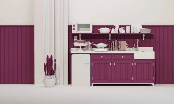 活力洋红色厨房和简约的室内设计 时尚家居装饰 3D渲染 现代公寓和时髦家具的内饰风格 — 图库照片