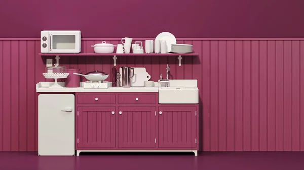 活力洋红色厨房和简约的室内设计 时尚家居装饰 3D渲染 现代公寓和时髦家具的内饰风格 — 图库照片