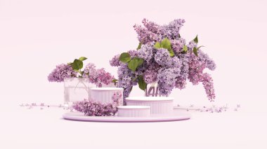 3 boyutlu podyum, eflatun çiçekli pastel mor arkaplan. Güzellik için minimum kaide, kozmetik ürün. Valentine, kadınsı kopyalama alanı şablonu 3d oluşturma