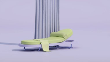 Soyut arkaplanı olan güneş yatağı. Pastel mor ve yeşil renkler sahnesi. Sosyal medya afişleri, tanıtım, sunum, lüks spa için 3D moda sunucu