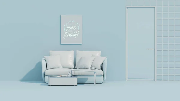 Pastel blue background with furnitures and sofa, living room accessories, kitchen room. Light background with copy space. 3d render