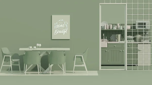有厨房配饰的绿色客厅 餐桌晚餐 背景浅 有复制空间 3D渲染 — 图库照片