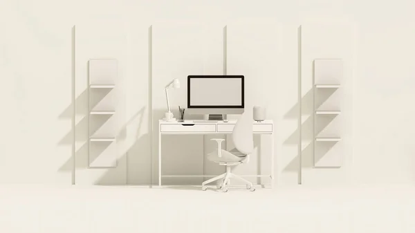 白色和米色单色最小的写字台 最小的概念为学习台和工作空间 框架照片 模型模板 3D渲染 — 图库照片
