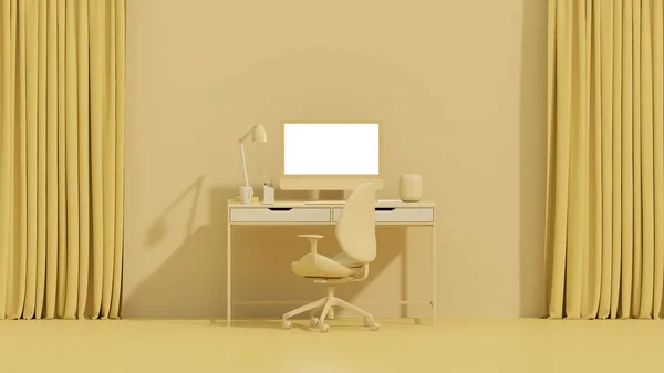 Pastel yellow monochrome minimal office table desk. Minimal idea concept for study desk and workspace. Mockup template, 3d rendering