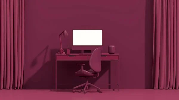 洋红色是2023年的流行色彩 业务团队合作的概念 在电脑上工作的员工 桌子上有台式计算机 创新的室内设计 3D渲染 — 图库照片