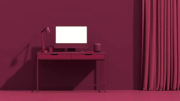 マゼンタ Viva Magenta は2023年のトレンドカラー ビジネスチームワークの概念 従業員はコンピュータで働いている テーブルの上にデスクトップがあります 3Dレンダリング — ストック写真