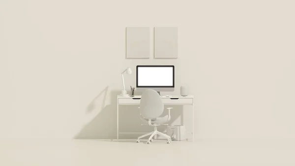 Biało Beżowe Monochromatyczne Minimalne Biurko Biurowe Minimalny Pomysł Biurko Przestrzeń — Zdjęcie stockowe