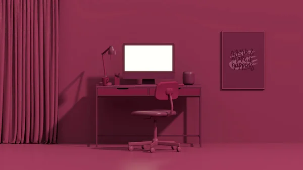 洋红色是2023年的流行色彩 业务团队合作的概念 在电脑上工作的员工 桌子上有台式计算机 创新的室内设计 3D渲染 — 图库照片