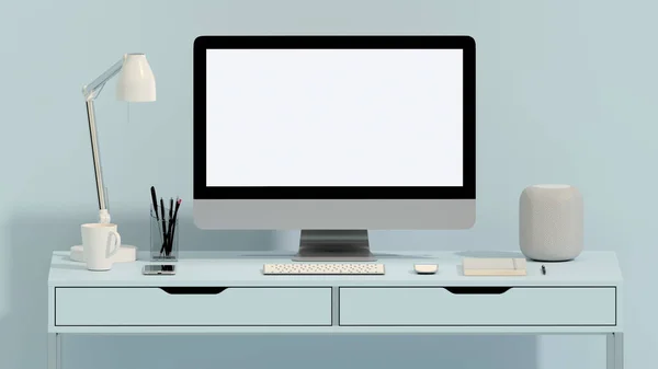 浅蓝色单色最小的写字台 最小的概念为学习台和工作空间 框架照片 模型模板 3D渲染 — 图库照片