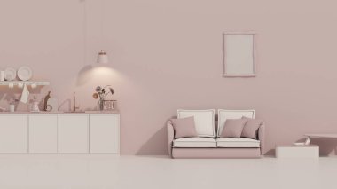 Lavabo, soba ve minimalist iç tasarımı olan yeşil mutfak odası. Pastel arka plandaki kanepe. 3d oluşturma