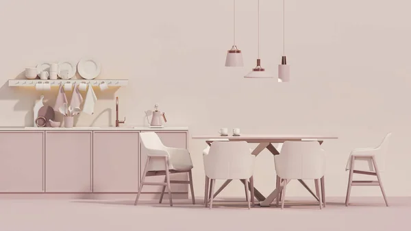 Różowa Kuchnia Wbudowanym Zlewozmywakiem Kuchenką Oraz Minimalistycznym Wystrojem Wnętrz Stół — Zdjęcie stockowe