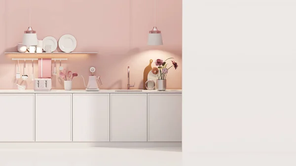 Pink kitchen room with built in sink and stove and minimalist interior design. Dinner table on pastel background. 3d rendering