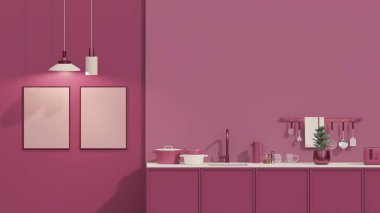 Viva moru, 2023 yılında mutfak odasında moda olan bir renk türüdür. Odanın içi düz tek renkli, mor renkli, lavabolu, musluklu, buzdolabı çerçeveli, 33D çerçeveli.