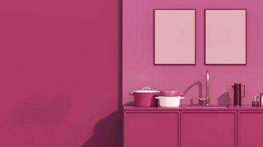 Viva moru, 2023 yılında mutfak odasında moda olan bir renk türüdür. Modern lüks, koyu pembe mutfak masası dekorasyonu, lavabosu, musluğu, lambası, çerçevesi duvarda, yemek masası 3D resmi.