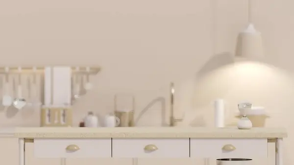 现代豪华的白色和米黄色厨房台面装饰和复制空间蒙太奇您的产品显示在模糊的现代厨房空间的背景 3D渲染 3D说明 — 图库照片