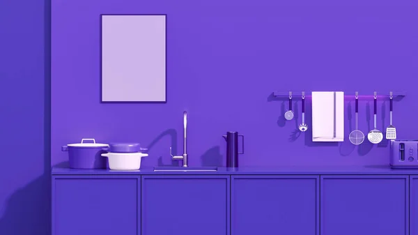 紫色厨房背景和简约的室内设计 3D渲染 — 图库照片