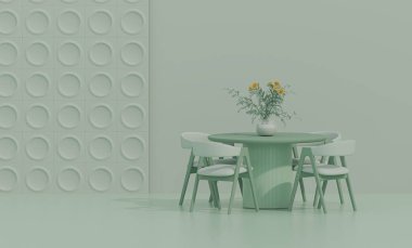 Odanın içi tek renkli yeşil renkte. Masa yemeği, vazo, lamba. Fotokopi alanı olan lüks bir arka plan. Web sayfası ve sunum için 3B hazırlama. 