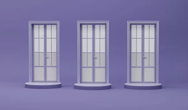 Purple Door, window in monochrome pastel color background. Trendy 3d render for social media banners, promotion, presentation, picture frame . Stage for fashion on website.