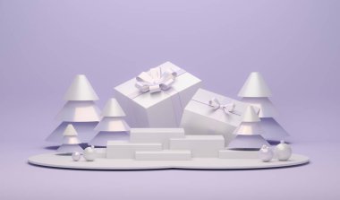 Mutlu Noeller ve mutlu yeni yıl kutlamaları. Gerçekçi Noel ağaçları ve büyük hediye kutuları olan 3D kompozisyon. Mor mavi arka planda Noel, kış doğası, tatil tasarımı. 3d hazırlayıcı