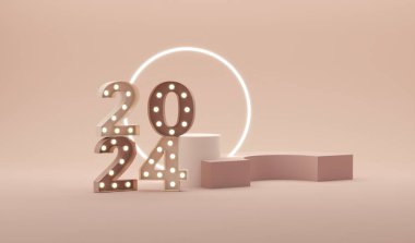 Yeni yıl 2024 kutlamaları. Pembe neon sayısıyla. Mutlu yıllar ve Noel tebrikleri için özel tasarım. Gül sarısı yazılı 3D satış afişi