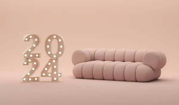 Yeni yıl 2024 kutlamaları. Pembe neon sayısıyla. Mutlu yıllar ve Noel tebrikleri için özel tasarım. Gül sarısı yazılı 3D satış afişi