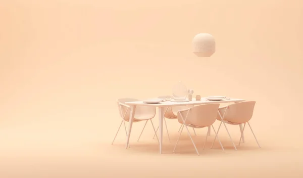 桃雾是2024年流行的色彩 配有餐桌晚餐和灯 华丽的背景和复制空间 面团橙色裸色场景 趋势3D渲染为社交媒体 — 图库照片