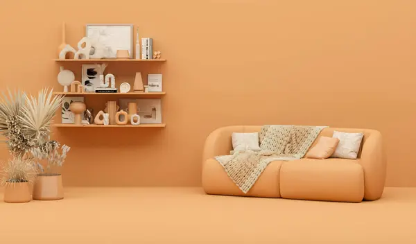 Interior wall mockup in warm tones with beige linen sofa, plaid, dried grass, brass table in living room with decoration on wall, apricot crush color and orange background. 3D rendering, illustration.