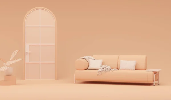 室内造型以温暖的色调与桃子绒毛沙发 植物壶 客厅餐桌装饰墙壁 杏仁压碎的颜色和橙色背景 3D渲染 — 图库照片
