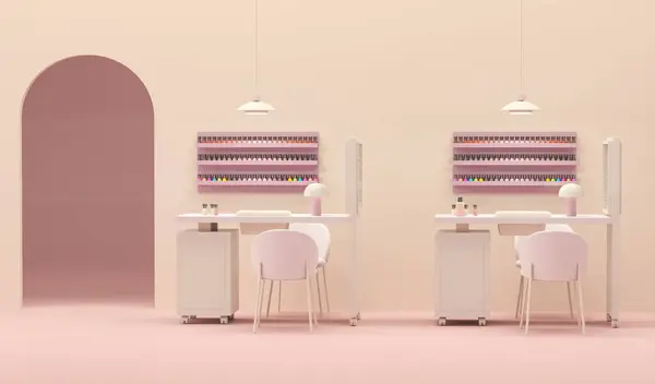 Beauty spa nail salon on pastel pink color trend 2024 background. Nail Bar and beauty salon for women and men. Place for manicure and nail care, pedic