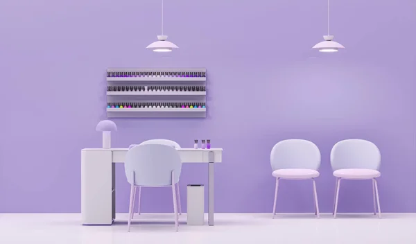 Nail Bar and beauty salon for women and men. Beauty spa nail salon on purple color trend background. Place for manicure and nail care, pedic
