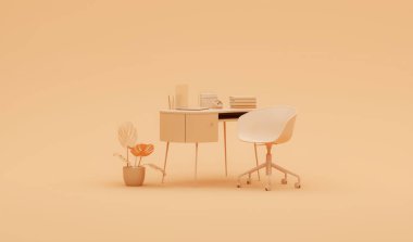 Peach Fuzz, Minimal Ofis Masası 'nda 2024 yılının modası. Çalışma masası, saat, saksı ve çalışma alanı için. Kayısı renginde model şablon ve turuncu arka plan. 3B görüntüleme
