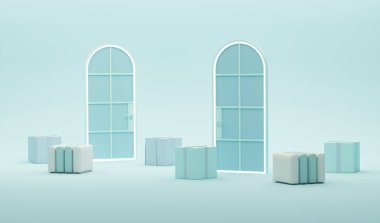 Uçan soyut geometrik şekiller, kemer kapılı, tablo ve sandalye, hediye kutusu. Pastel mavi ve beyaz renkler. Sosyal medya için 3d modayı oluşturma.