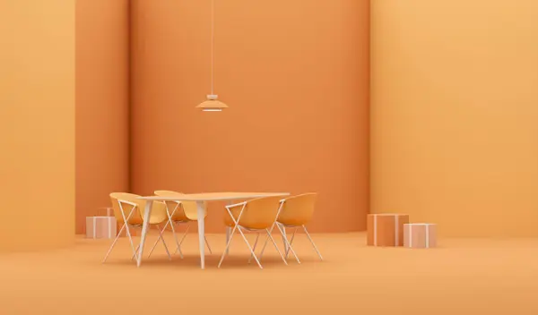 エピコットは2024カラートレンドのリビングルームをクラッシュします オレンジ色の背景にディナーテーブルとランプ付き 3Dレンダリング イラスト — ストック写真