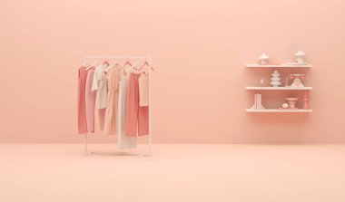 Pastel pembe arka planda koltuğu olan bir askıda asılı sonbahar giysileri. Erkek ceketi, ceket, kazak, askılarda asılı kalın gömlek. Yaratıcı bileşim.