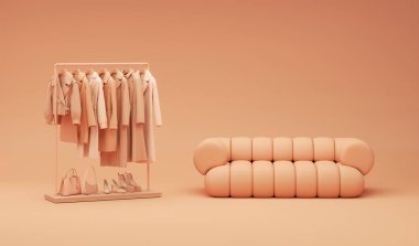 Kayısı tutkusu 2024 yılının moda rengi. Pastel turuncu arka planı olan bir askıda asılı sonbahar giysileri. Ceket, kazak, askılarda asılı kalın gömlek. Yaratıcı kompozisyon. Satış konsepti