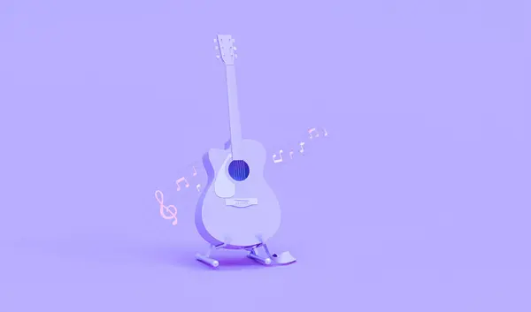 Concert stage with guitar, microphone and speakers on purple blue background. Minimalism concept. Music application Concept.3D render