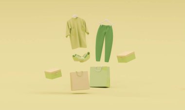Erkekler moda aksesuar çantası, pantolon, gömlek, ayakkabı, parfüm yeşil sarı arka planda çanta alışverişi. Reklam fikri. Yaratıcı bileşim. 3D görüntüleme, sosyal medya ve satış