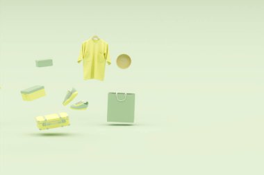 Erkekler moda aksesuar çantası, pantolon, gömlek, ayakkabı, parfüm yeşil sarı arka planda çanta alışverişi. Reklam fikri. Yaratıcı bileşim. 3D görüntüleme, sosyal medya ve satış