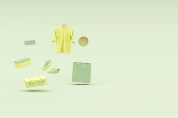 Men fashion accessories bag, pant , shirt, shoes, perfume, gift box in bag shopping on green yellow background. Advertisement idea. Creative compositing. 3d render, social media and sale