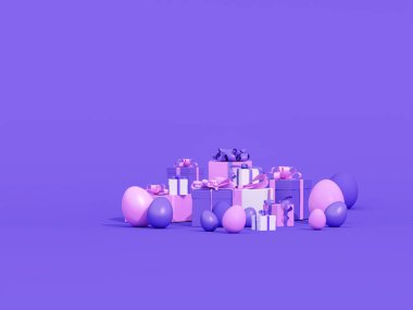 Hediye kutusuyla Paskalya günün kutlu olsun, Paskalya yumurtası. Pastel mor arka planda Paskalya yumurtası. 3d hazırlayıcı