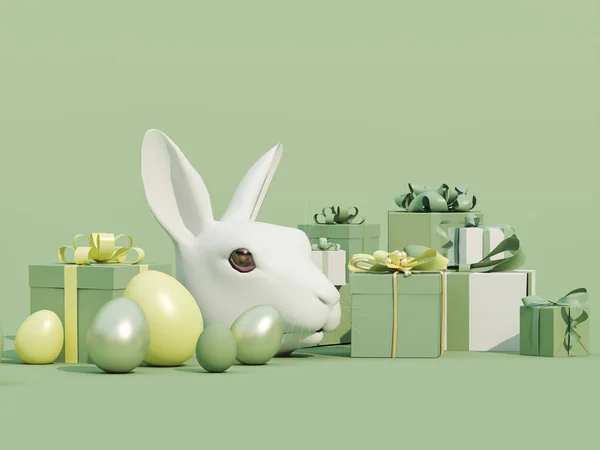 Пасхальный Подарок Кроликом Пасхальными Яйцами Пасхальном Столе Праздничный Баннер Веб — стоковое фото