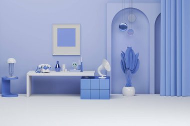 Modern dairenin iç dekorasyonu ve modaya uygun mobilyalar, halı zemininde masa ve sanat dekorasyonlu mavi zarif aksesuarlar, saat, lamba. 3d hazırlayıcı