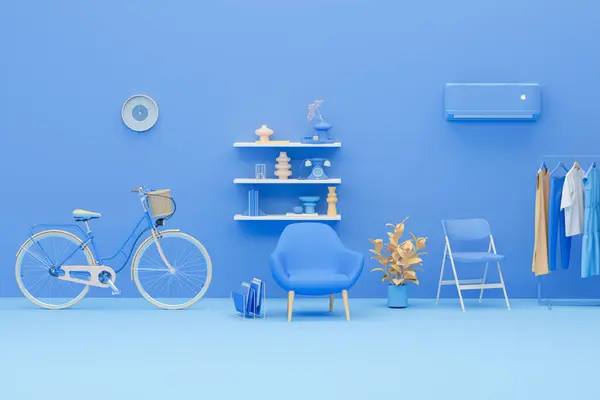 Composición Creativa Interior Habitación Color Azul Moda Con Muebles Accesorios —  Fotos de Stock