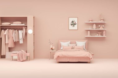 Dolapta pembe bir elbise dolabı var. Pastel mercan arka planda en az yatak ve koltuk rafı. 3D tasarım, mağaza ve yatak odası konsepti, stüdyo, yaşam tarzı.