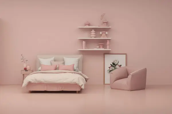 粉色和衣柜一起走在衣柜里 珊瑚背景的最小床和扶手椅储存架 3D渲染 购物商店和卧室的概念 工作室 生活方式 — 图库照片